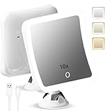 10X Magnifying Lighted Makeup Mirror with Lights,Daylight LED Vanity Mirror, Rechargeable,Compact, Cordless, Locking Suction Mirror, 360 Rotation, 7' Portable Illuminated Bathroom Mirror