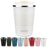 SUNTQ Kaffeebecher to go Thermo aus Edelstahl 380ml Thermobecher mit Gummierte Manschette Doppelwand Isoliert - Kaffeetasse mit Auslaufsicherem Deckel Wiederverwendbar Weiß