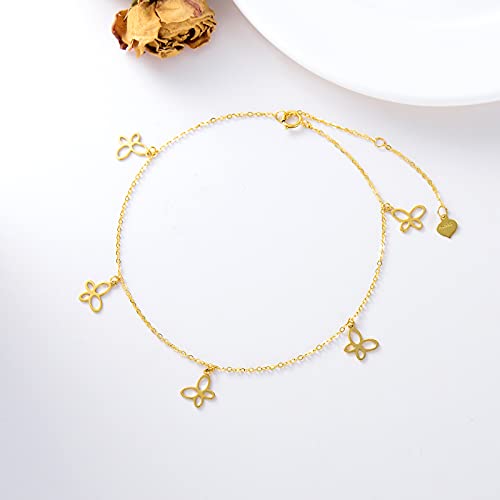Image of SISGEM 14K Real Gold Butterfly Anklet for Women,Yellow Gold Butterfly Anklets Bracelets Beads Station Anklet Double Foot Link Beach Anklets Anniversary Birthday Jewelry Gifts for Wife Mom 8''+2''