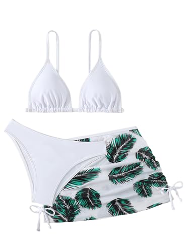 Image of Girl's 3 Piece Set Leaf Print Bikini Sets Bathing Suit with Mesh Cover Up Skirts White 170