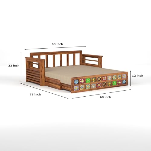 Image of Mamta Furniture Sheesham Wood Sofa Cum Bed with Storage Handcrafted Ceramic Tile Design Wooden Sofa Set for Living Room Bedroom 3 Seater Convertible Sofa Bed in Honey Finish
