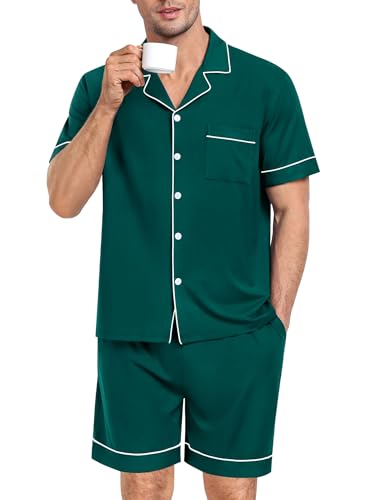 Image of SWOMOG Mens Pajama Set Short Sleeve 2 PCS Sleepwear Button Down Soft Loungewear Modal Set Pj Set with Pockets S-3XL