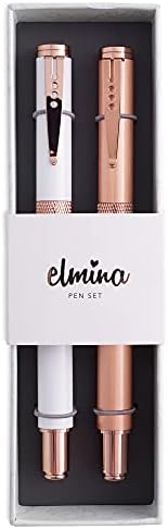 Rose Gold and White Rollerball Pen Gift Set for Women - Premium Writing Pen Set with Black Ink, by Elmina