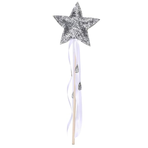 SUPVOX Varita Mágica de Madera con Estrella y Cinta para Disfraz de Hada Niña Ligera y Decorativa para Cosplay Fiestas y Actuaciones Color Plata