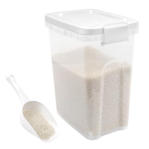 Tight-Lock Rice Container 15 Lbs - Airtight Flour Container with Scoop - Food-Grade Plastic Food Storage Container for Cereal, Sugar - Dry Food Dispenser for Kitchen, Pantry Organizers and Storage