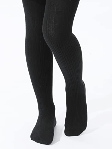 Image of Paralinda Girls' Cotton Tights - Toddler Cable Knit Footed Tights (Pattern A Black, 5-6Y)