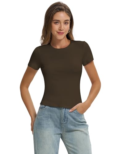 Women Casual Basic T Shirts Top Y2k Crop Tops Trendy Tight Tshirts Tee Slim Fit Clothes - image 5