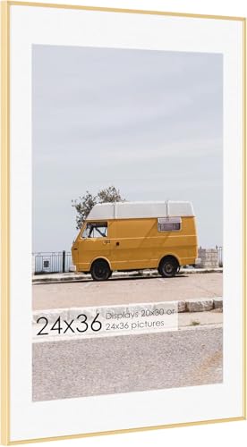 Fun Memories 24x36 Picture Frame, 24 x 36 Metal Poster Frame with Mat for 20x30-Tempered Glass Front- Vertical and Horizontal Display - Wall Hook Hanging Hardware Included -Gold