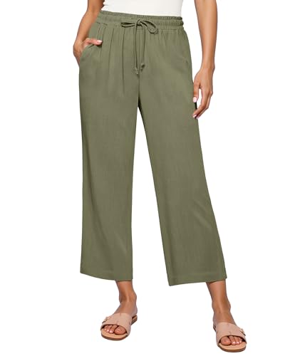GRAPENT Linen Pants for Women High Waisted Wide Leg Capri Elastic Waist Casual Beach Flowy Cropped Summer Capris Pants