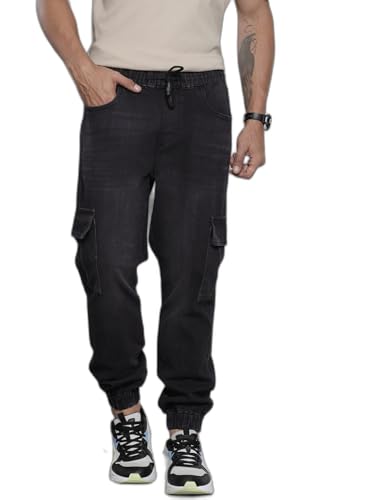 Image of The Indian Garage Co Men Regular Fit Solid Mid-Rise Stretchable Denim Cargo Joggers