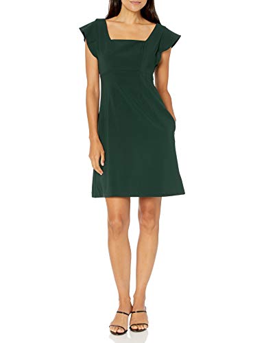 Lark & Ro Women s Fluid Stretch Twill Flutter Sleeve Square Neck Fit and Flare Dress, DARK GREEN, 12