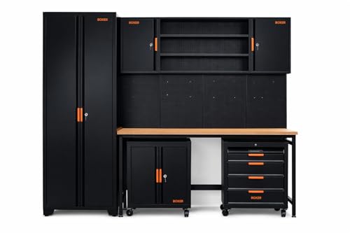 Boxer Werkbankset Werkstatteinrichtung - inklusive Werkbank Hochschrank Oberschrank Rollschränke und Werkzeugwände - höhenverstellbare Füße - für Garage und Werkstatt 200 x 230 x 46 cm