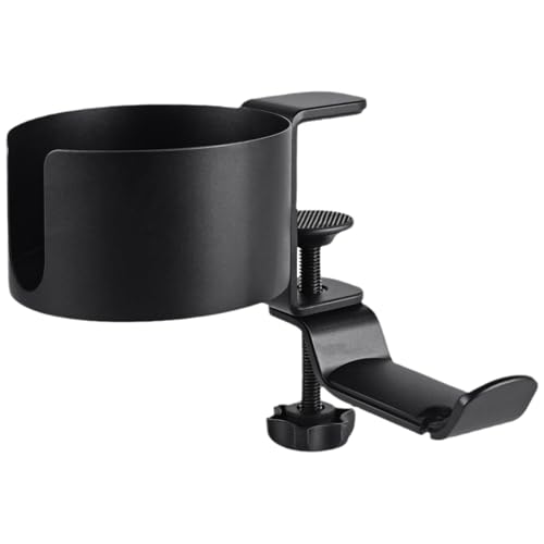 Clip-On Desk Mug Stand, 360-Degree Rotating Coffee Holder with Clamp, Anti-Spill Design and Headphone Hook for Office Workstations