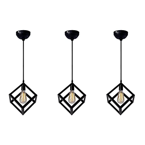 Image of JACKAL Cube Shape Pendant Light Without Bulb - Pack of 3, Hanging Ceiling Light with Braided Cord | Decorative Chandelier for Home, Living Room, Indoor, Outdoor & Bar - Black