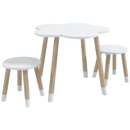ZONEKIZ Juego de Mesa y 2 Sillas Infantiles Mesa con Sillas para Niños de 2-5 Años con Mesa en Forma de Flores Ø59x50 cm y Sillas Ø28x26 cm para Dormitorio Sala Blanco y Natural