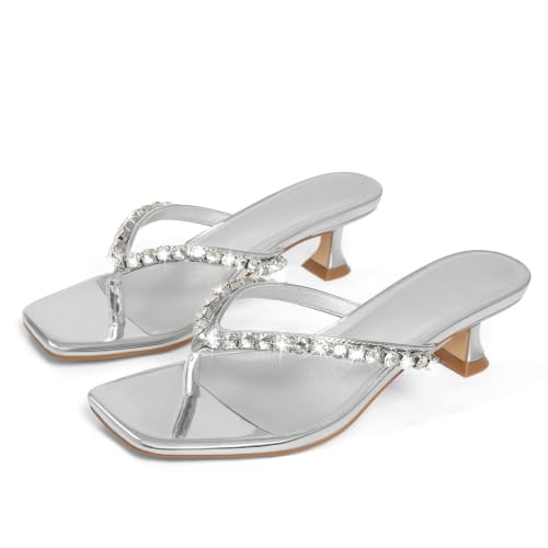 Image of Eteridrey Rhinestone Flip Flop Heels Women Square Toe Kitten Heel Summer
