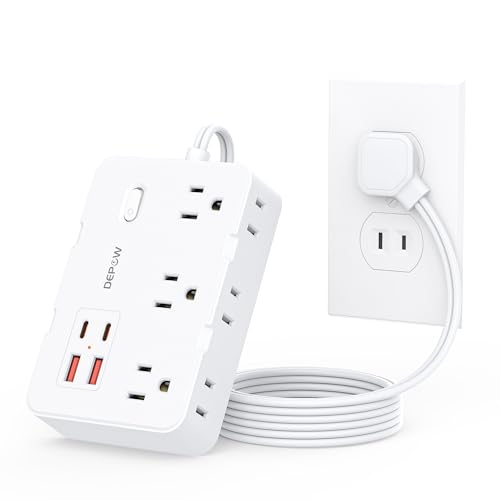 DEPOW 2 Prong to 3 Prong Adapter Power Strip - 6 Outlets & 4 USB Ports (2 USB-C) 1050J Two Prong Surge Protector 5FT Extension Cord Wall Mount - Ideal for Old Houses Non-Grounded Outlets