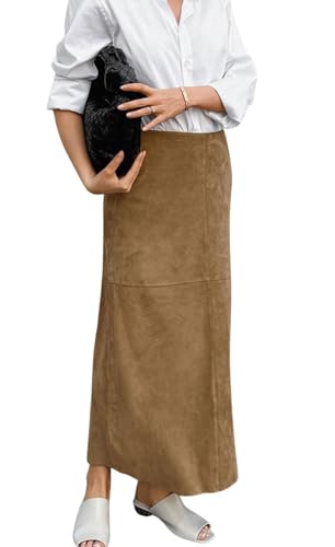 CHARTOU Women Fall Winter Elegant Faux Suede Leather Regular Fit Pencil Maxi Long Skirt (Medium, Brown)