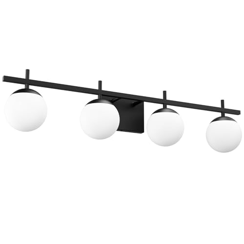 Image of Ralbay Black Vanity Lights for Bathroom Milky Glass Mid Century Modern Bathroom Vanity Wall Light Over Mirror, Black 4-Lights