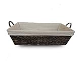 MIMBRE NATURAL Bandeja de Enea Oscura Forrada con Tela Blanca y Asas de Cuero para su facil manejo. Sirve para Guardar Ropa después del Planchado o como decoración. (56 × 35 × 15cm)