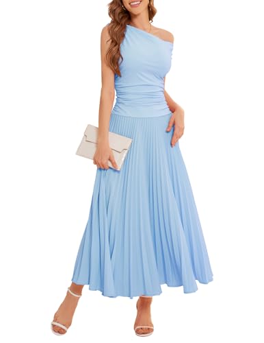 Bbonlinedress Formelles Maxi-Cocktailkleid mit Einer Schulter, plissiert, für Damen, Hochzeit, Gast, Sommer, Alltag, langes Partykleid, Blau, Groß