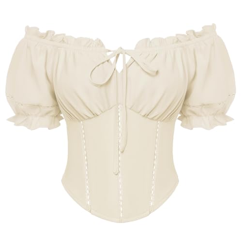 SCARLET DARKNESS Damen Renaissance Bluse Kurz Puffärmel Korsett Oberteil mit Schleifen Verziert Mittelalter Blusen Aprikose L