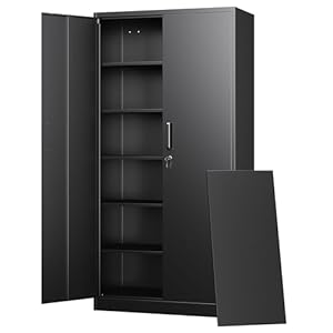 Letaya Metal Storage Cabinets with Lock Doors,Tall Locker Organizer Steel Garage Cabinets, 5 Adjustable Layers Shelves for Home, Office, Warehouse,Tool,Industrial(Black)