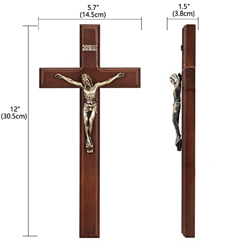 ARCHOBAN Crucifix Wall Cross Catholic, 12 Inch Wooden Cross Wall Decor - Brown + Antique Brass