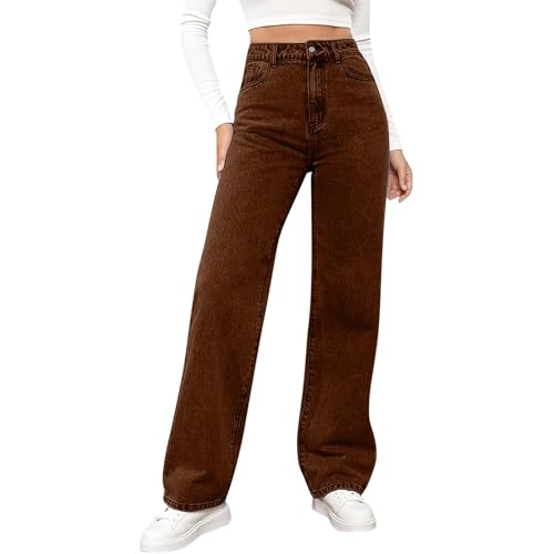 Women's Plus Size High Waist Jeans with Pockets Solid Color Straight Leg Trendy Stretchy Casual Fall Denim Trousers