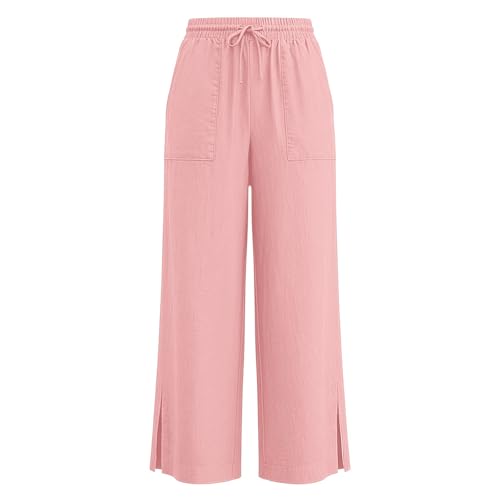 Image of Girls Linen Pants Wide Leg School Uniform Pants Cozy Elastic Waist Summer Casual Beach Lounge Trousers with Pockets