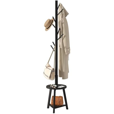 BMOSU Coat Rack freestanding Stand with Shelf Bamboo Wooden Coat Tree Easy Assembly 8 Hooks Standing Jackets Hanger Hallway Office Floor Coat Stand Black Cover
