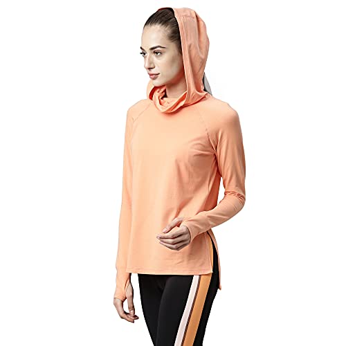 Image of Enamor Women Cotton A302 Quick Dry 4 Way Stretch Anti-Odour Sweat Wicking Hooded Neck and Adjustable in-Built Mask Long Sleeve Relaxed Fit T-Shirt