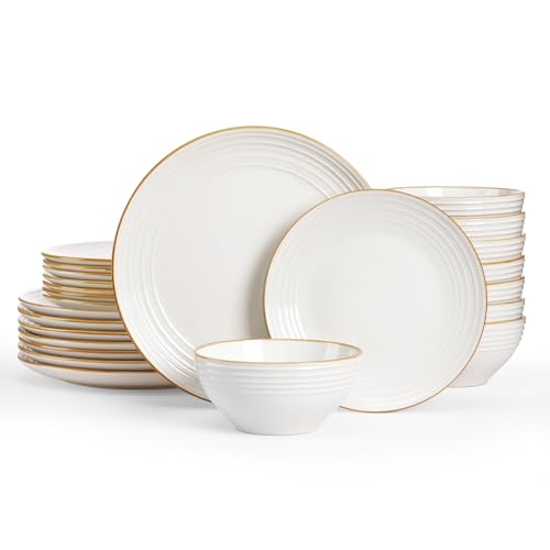Image of Famiware Jupiter Dinnerware Set, Plates and Bowls Dish Sets for 8 (24 Pieces), Microwave and Dishwasher Safe Stoneware Speckled Tableware, Chip and Scratch Resistant, White