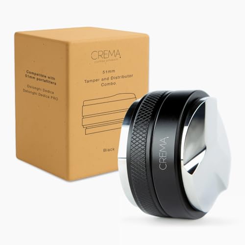 CREMA Coffee Products - 51mm 2-in-1 Tamper & Distributor - Black - Compatible with 51mm Delonghi Dedica & La Specialista Portafilter - Double Sided, Adjustable Depth, Black
