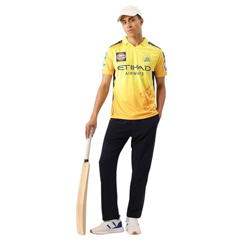 Image of playR x Chennai Super Kings Original Match Jersey IPL 2025 - Adult Dhoni 7 Half Sleeve CSK Cricket T-Shirt, Regular Fit Sportswear Tee for Training, Outdoor & Match Day Activewear for All Season