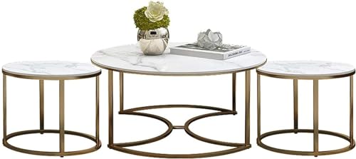 Image of Wood 3 Piece Living Room Table Set, 1 Center Table And 2 End Nesting Tables Round Stacking Coffee Side Table For Small Space, Nightstand Bedside Table White And Golden