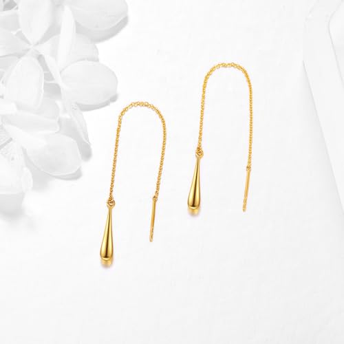 Pull Through Threader Earrings 14k/18K Real Solid Gold Long Piercing Long Pearl/Opal/Ball/Star/Cross/Twist/Teardrop Tassel Dangle Ear Line Eardrop Earrings Jewelry Gifts4