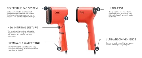 Tefal Pure Pop Slim Handheld Clothes Steamer, No Ironing Board Needed, Ready to Use in 15 Seconds, 70ml Detachable Water Tank, Travel Iron, Garment Steamer, Red, DT2022 - Image 5