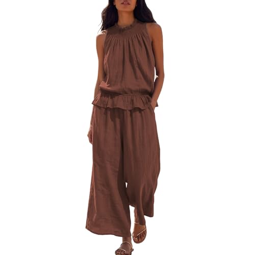 Traje de lino transpirable de dos piezas para mujer conjunto de pantalón y camiseta fresca