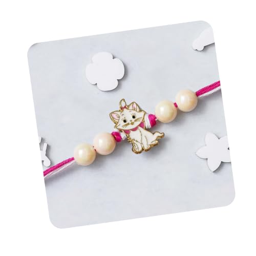 Image of eCraftIndia Pink and White Marie Cute Cat with Beads Designer Pet Rakhi For Brothers, Kids, Bhai | Raksha Bandhan Rakhi with Roli Chawal
