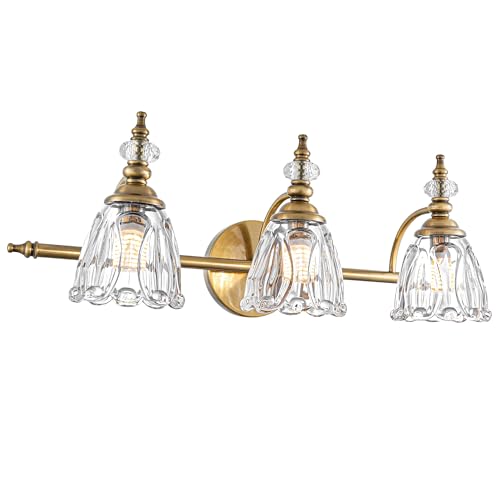 Image of Brushed Gold Bathroom Vanity Light, Farmhouse Brass Bathroom Light Fixtures Over Mirror, 3 Light Vanity Lighting Fixtures, Flower Glass Shade Wall Sconce Lighting