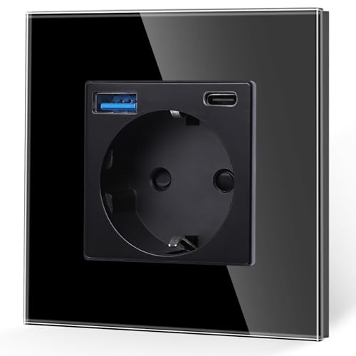 JIMEIDA Enchufe Individual con USB Carga rápida de 20W en Negro, 16Amp Enchufes Schuko de Vidrio con Conector USB de Carga Rápida y Puerto Tipo C, Enchufe de Pared de