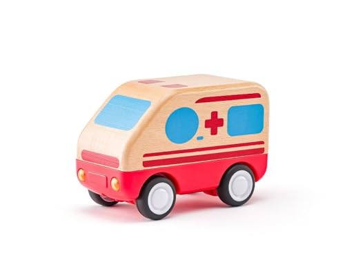 Woody Juguete de ambulancia de madera con luz y sonido - 11 cm Woody Juguete de ambulancia de madera con luz y sonido - 11 cm