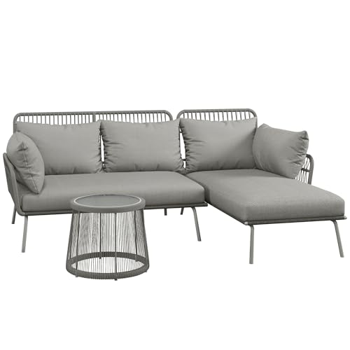 Outsunny Set Mobili da Giardino in Rattan 3 Pezzi, Salotto da Giardino Esterno con Divano 2 Posti, Chaise Longue con Cuscini e Tavolino con Piano in Vetro, Set da Giardino per Cortile, Grigio Chiaro