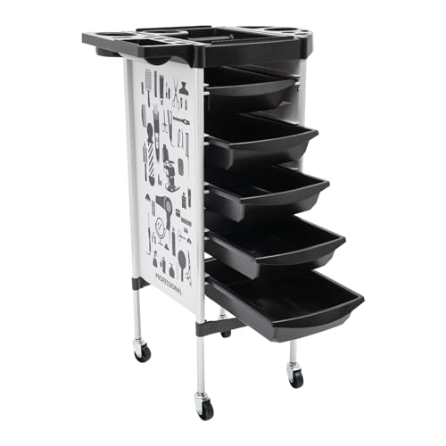 Chariot de rangement à 5 niveaux blanc avec tiroirs et plateau pour salon