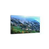 Canvas Print Wall Art Mountain Clouds Pine Tree House Landscape Painting Panoramic Picture Print On Canvas Modern Artwork for Living Room Bedroom 20x30cm Framed