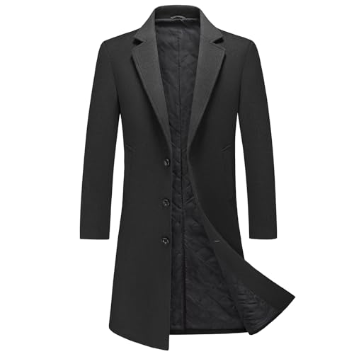 MODFUL Herren Langer Wollmantel mit Kerbkragen Warmer Wintermantel Lässiger Peacoat Slim Fit (Schwarz, L)