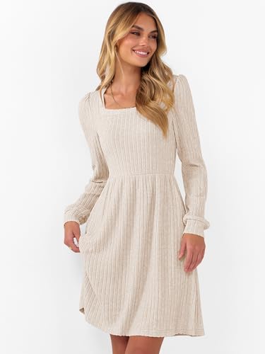 ANRABESS Women's Square Neck Long Sleeve Fall Dress Casual Ribbed Knit Soft 2025 Trendy Short Sweater Dresses with Pockets3