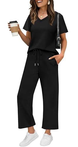 Image of WIHOLL 2 Piece Sets for Women Summer Lounge Set Wide Leg Pants Matching Set Vacation Travel Outfits Beach Clothing