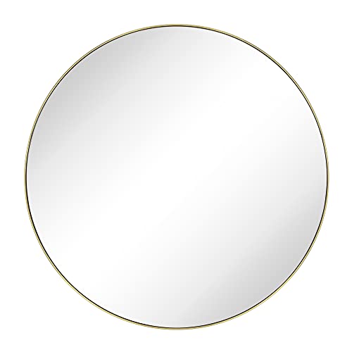 Image of TEHOME 30 inch Brushed Gold Round Mirror Circle Wall Mirror Brass Circular Round Mirror for Bathroom Vanity, Entryway, Dresser or Mantel